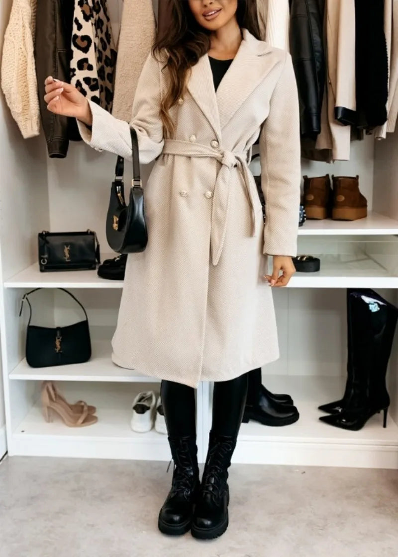 Women's Woolen Coat Autumn Winter Vintage Elegant Double Breasted Trench Coat Women Brown Long Sleeved Midi Windbreaker Jacket