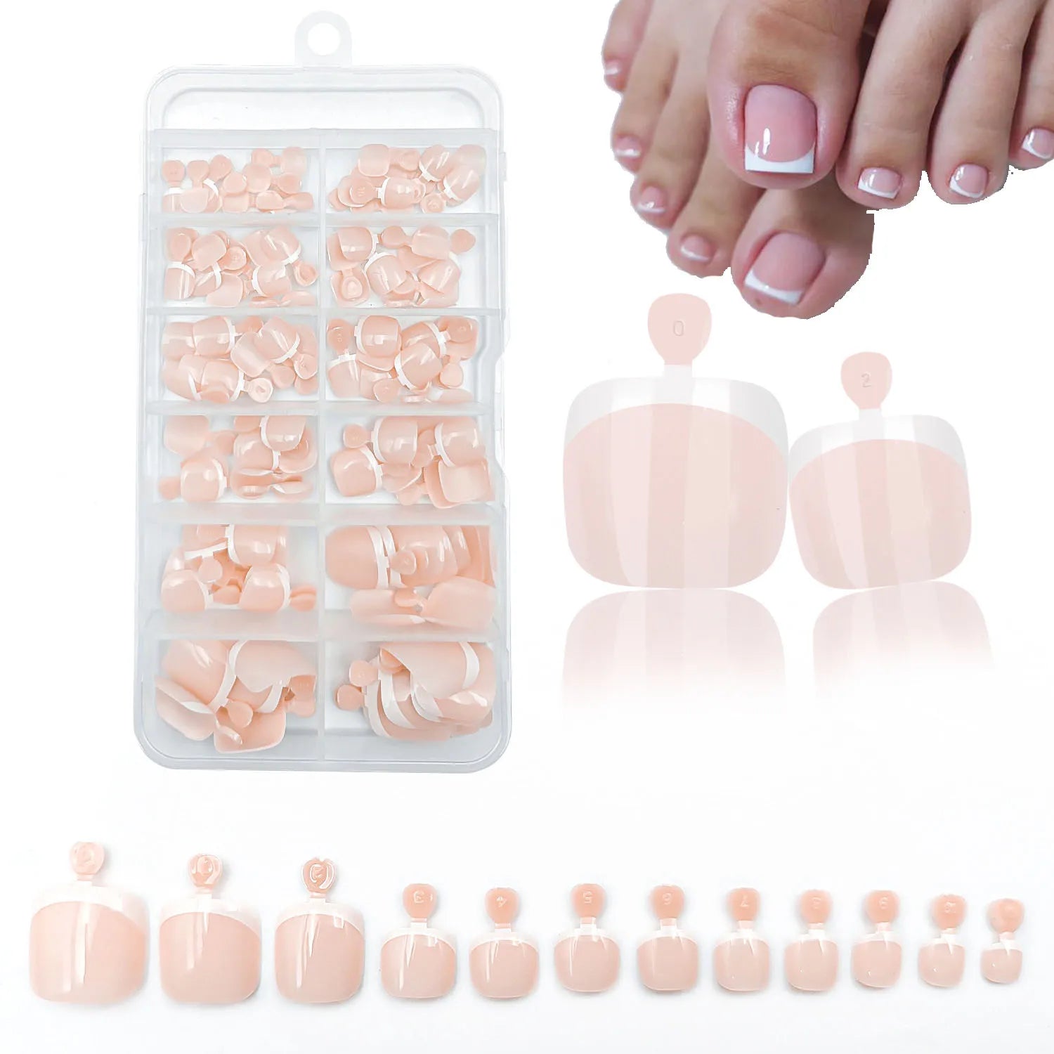 120Pcs Glossy Nude Pink French Press-On-Toenail Set 1*Box Short French Square  Fake Toe Nails Solid-Color Manicure Toenails Tips