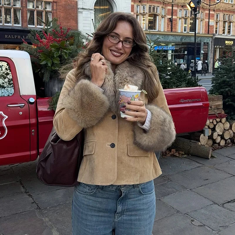 Women's Jacket 2025 New Fashion Autumn Winter Suede Leather Effect Jacket and With Big Fur Collar Casual Chic Women Clothes