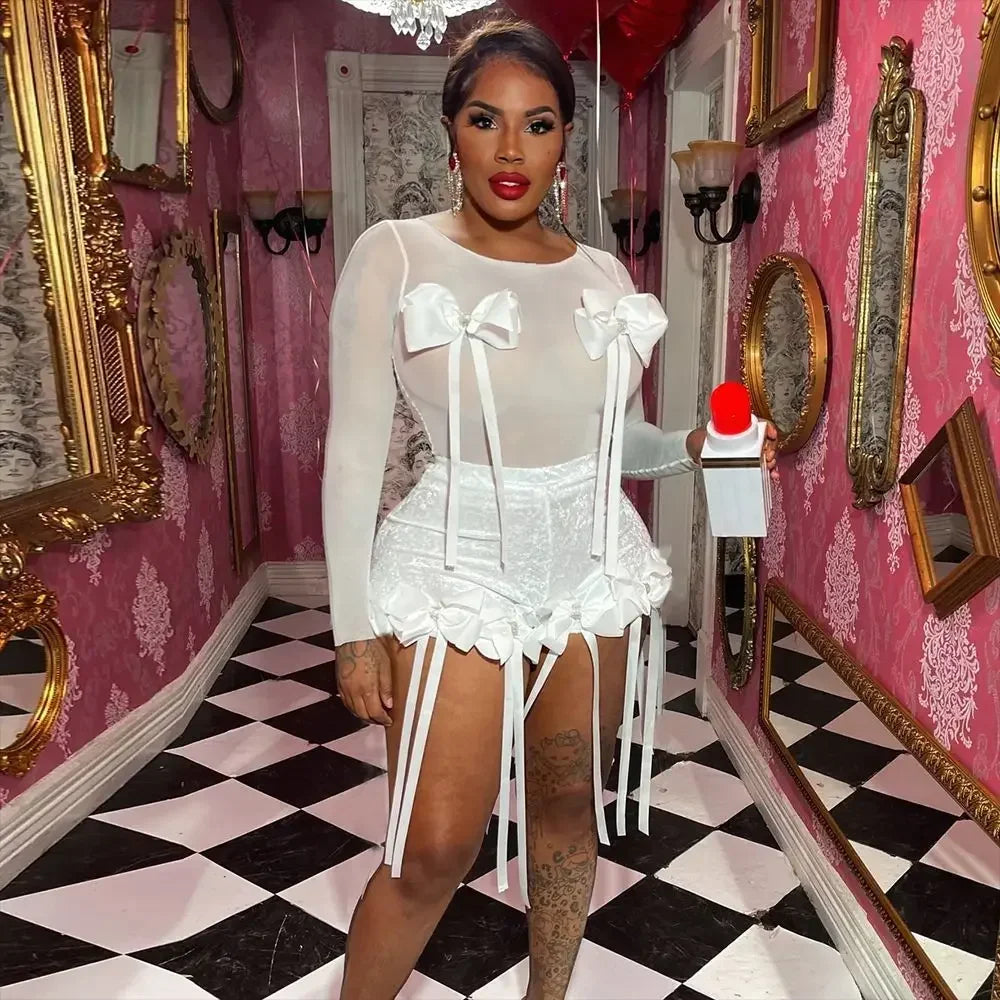 2026 European and American Sexy 3D Three-dimensional Bow See-through Top, Lace Tassel Streamer Tide Shorts Set