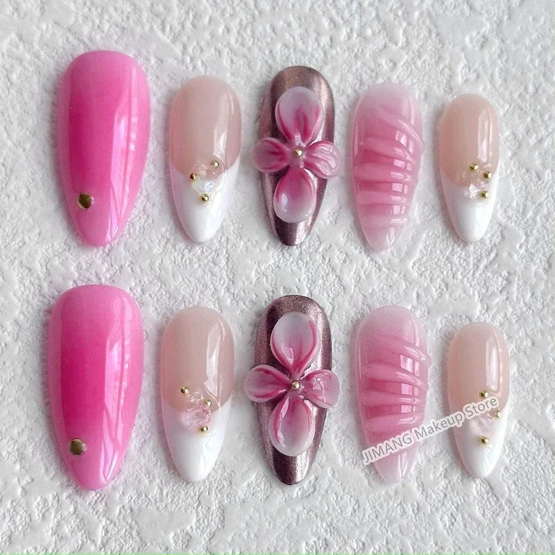 Handmade 3D Flower Press On Nails Reusable Short  Almond False Nails Artificial Fake Nail With Glue Gift Full Cover Nail Tips