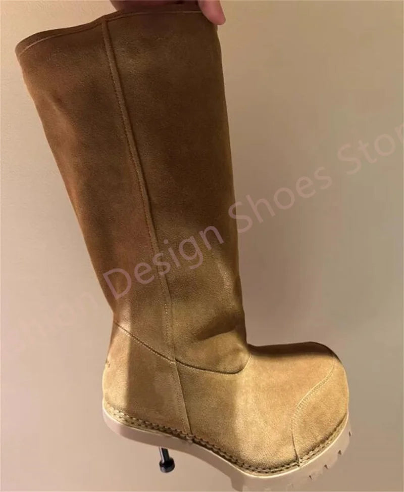 Long Plush Warm Winter Boots Fur For Women Or Men Metal Thin High Heels Knee High Height Increasing Shoes Woman Snow Boots 42 43