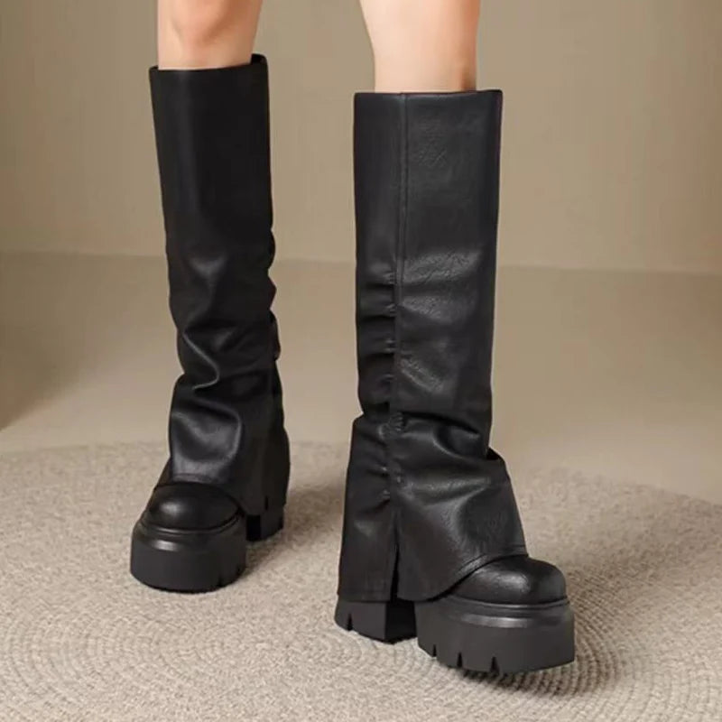 Women Long Boots Platform High Heels Shoes Knee High Boots 2025 Winter Trend Motorcycle Boots Leather Shoes Mujer Chelsea Botas