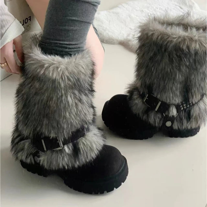 Fur Women Snow Boots Fashion Platform Shoes Warm New Casual Sport Shoes 2025 Winter Sneakers Ankle Boots Walking Mujer Botas