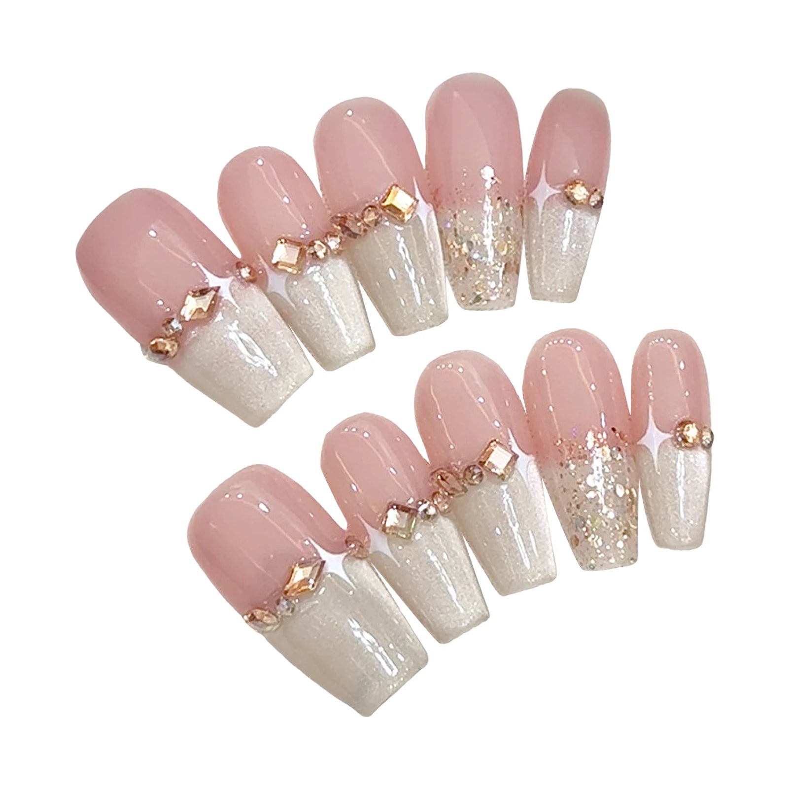 Champagne French Press On Nails Mid-length Gradient Pink Cat's Eye Handmade False Nails Glossy Diamond Decor Gentle Manicure Art