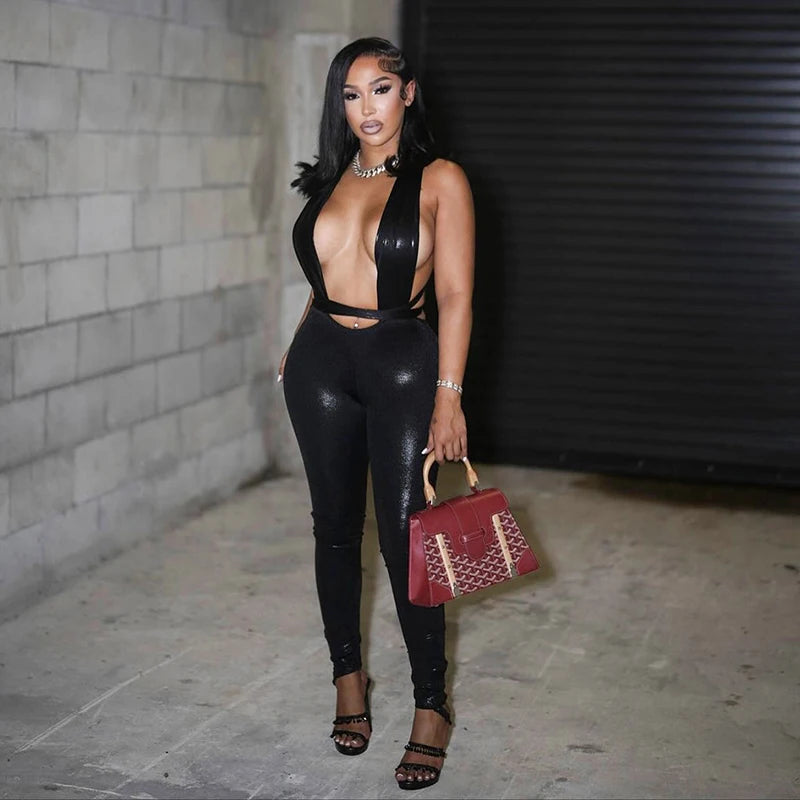 Lace-Up Backless Bodycon Street Jumpsuit