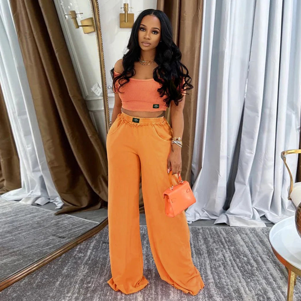 Fashion Women Clothing Distressed Tracksuits Casual Sexy U Neck Crop Top and Wide Leg Pants Suits Ladies Elegant 2 Two Piece Set