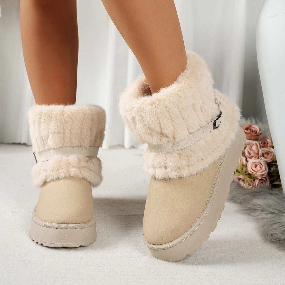 Women Thick Sole Faux Fur Snow Boots Winter Warm Thick Plush Cotton Shoes Woman Comfortanle Non Slip Platform Ankle Botas Mujer