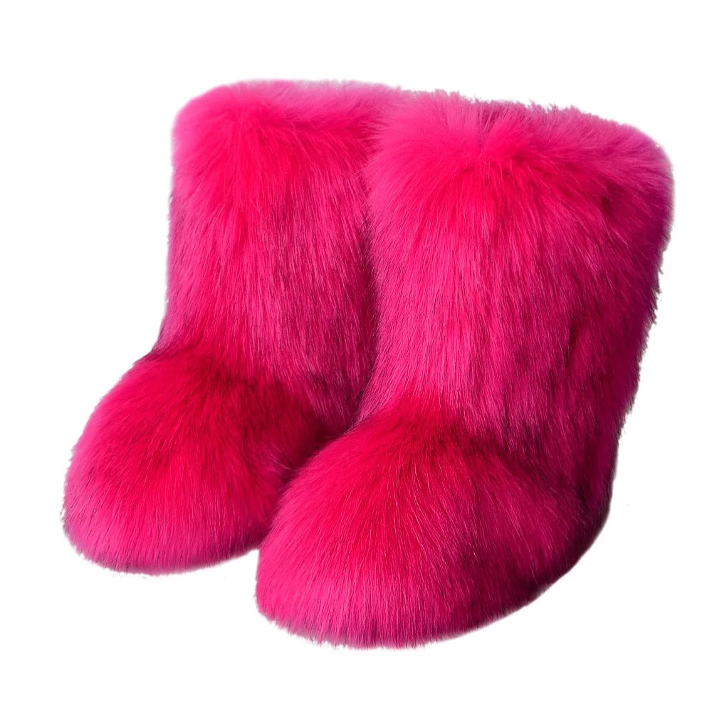 New Winter Faux Fur Onepiece Raccoon Fur Female Snow Boots Fur Shoes Outdoor Mid Leg Boots