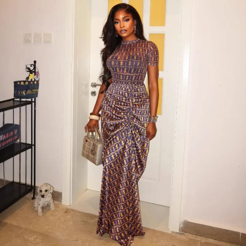 African Plus Size Women's Guest Mermaid Dress Elegant Short Sleeve Corset Ruched Cocktail Evening Formal Floor Length Dress