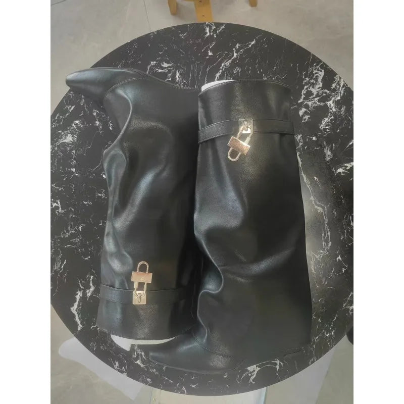 8cm Heel Wedges Soft Leather Pointed Toe Knee High Boots Women 2025 Autumn Fashion Shoes Street Style Mordern Long Botas Mujer