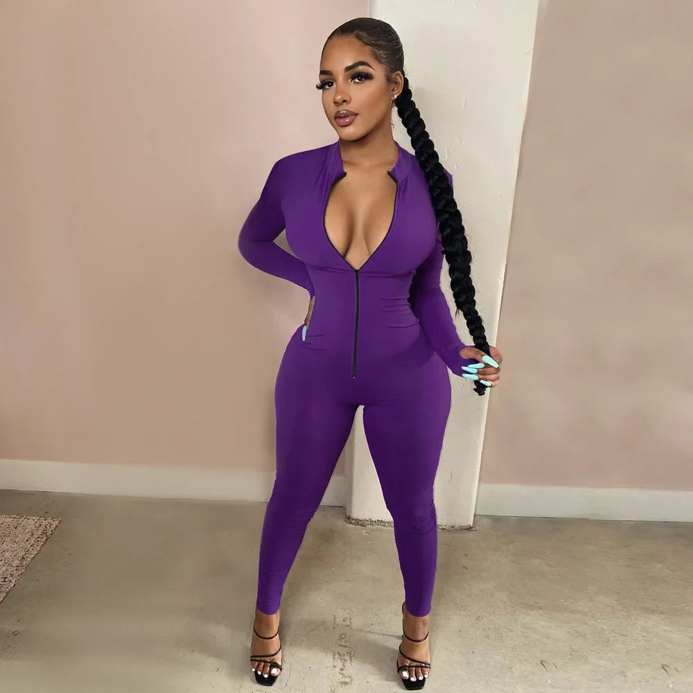 Deep V Zip-Up Bodycon Jumpsuit