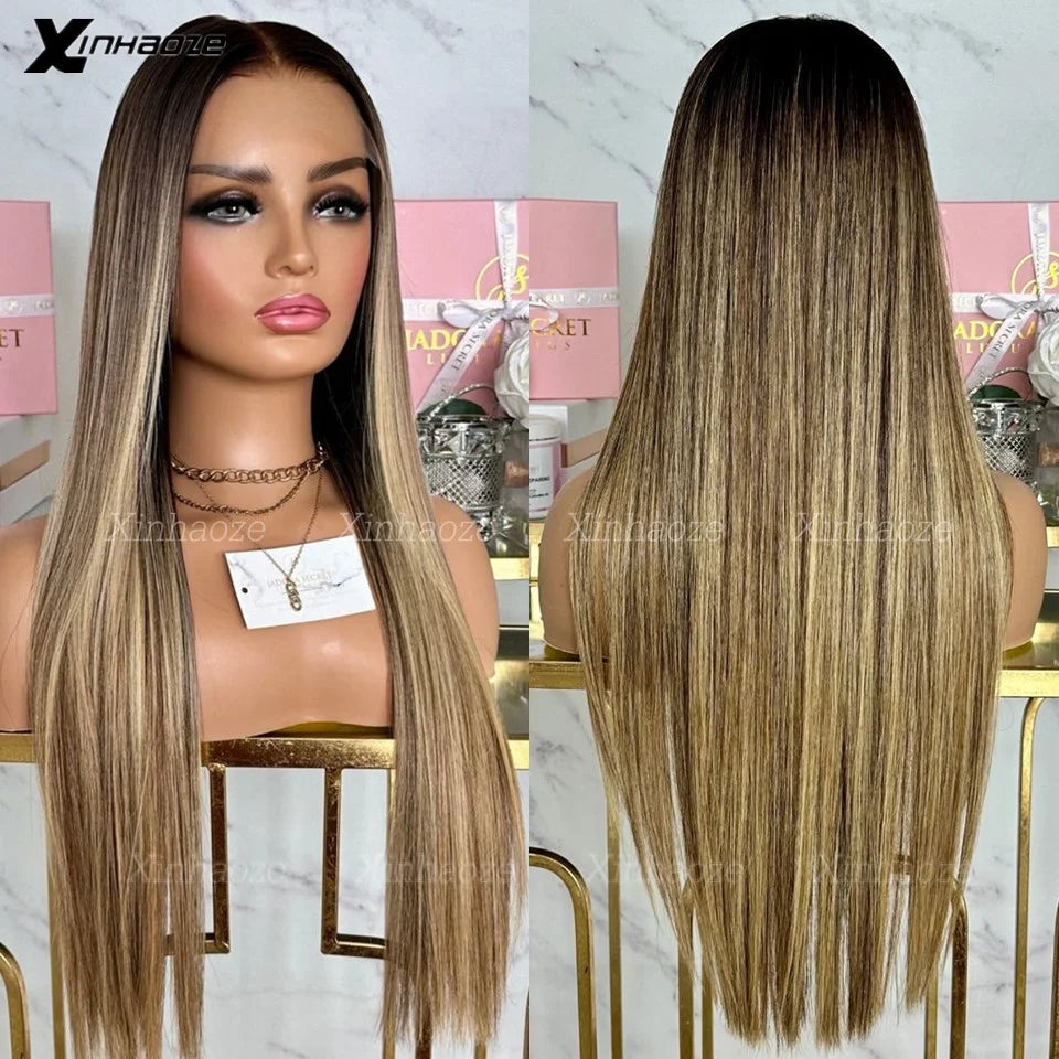 Brown-Blonde Highlight Silk Top Glueless Lace Frontal Human Hair Wig
