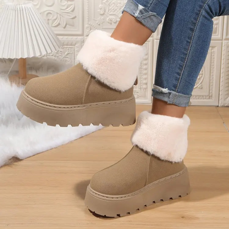 High Heel(5-8cm)Suede Boots Slip-On Snow Boots Winter Rubber Round Toe Mid-Calf Faux Short Plush