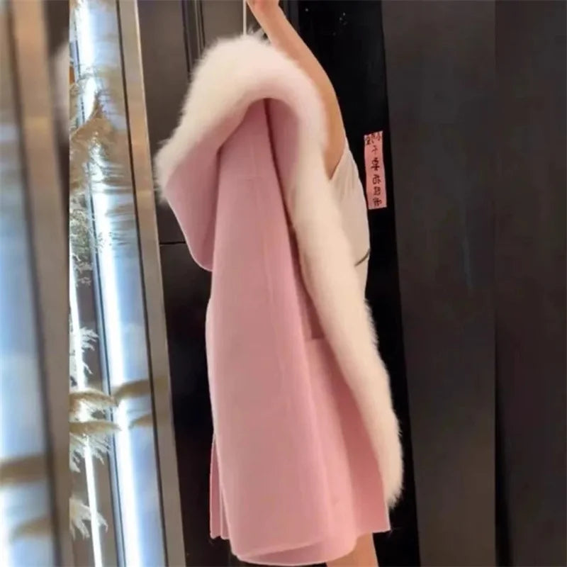 Pink Hooded Coat Women's Autumn Winter Belt Popular Woolen Coat 2024 Fur Coat Fragrant Wind High end Lightweight Short Fur Neck