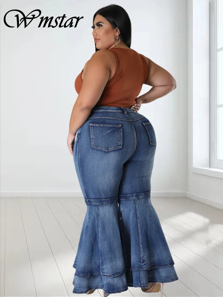 Plus-Size High-Waist Flare Jeans – Ruffled Hem Denim Pants