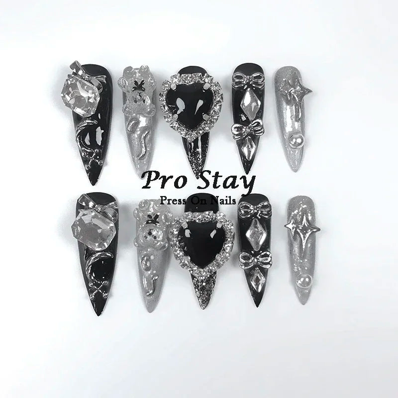 10pcs black Handmade Press On Nails With Purple Large Diamonds and Metal Decoration Y2k Hot Girls Wearable Artificial False Nail