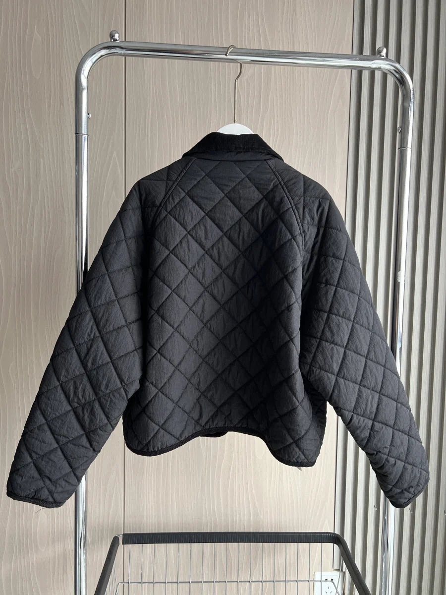 Women's Quilted Jacket with Padded Lining Model ETJ 2025 - Casual and Simple Diamond Quilted Short Puffer Jacket with Collar