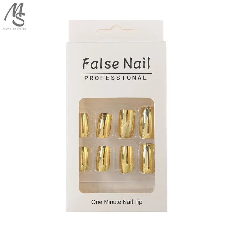 24 Pcs Glossy Fake Nails Press on Chinoiserie Reusable Wearing Nails Light LuxuryIns Gold Silver Pink Short Square Retro Sweet