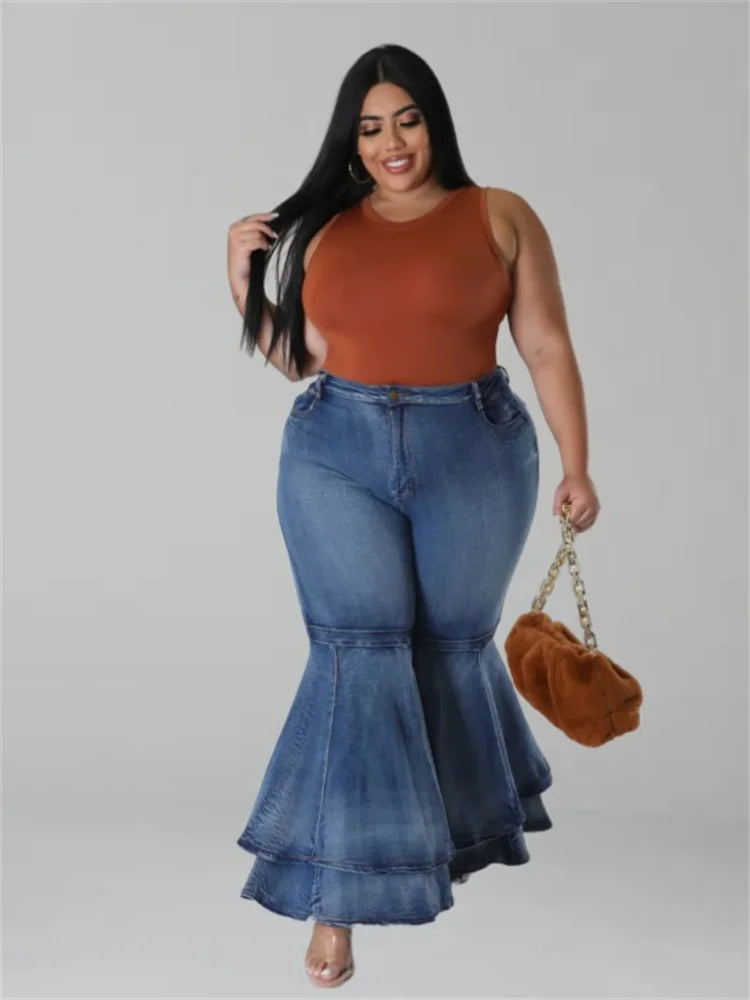 Plus-Size High-Waist Flare Jeans – Ruffled Hem Denim Pants