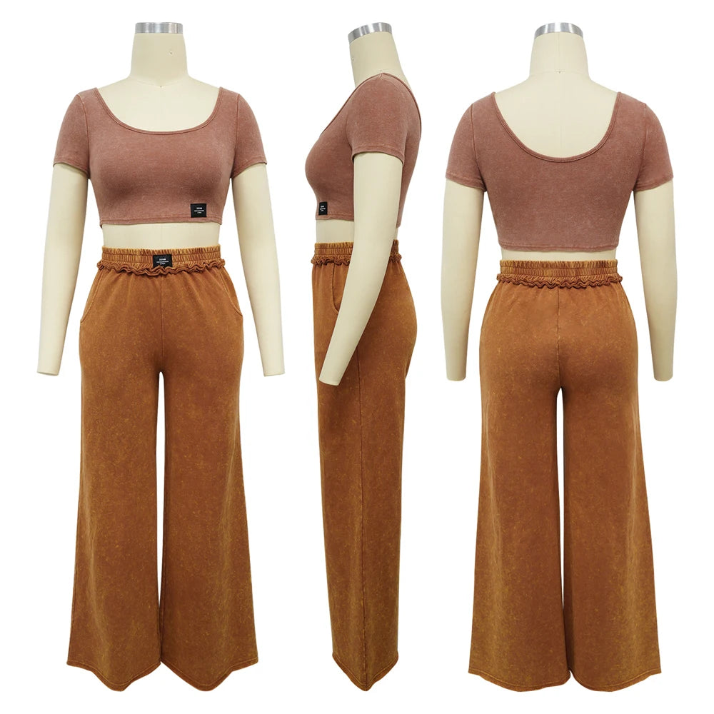 Fashion Women Clothing Distressed Tracksuits Casual Sexy U Neck Crop Top and Wide Leg Pants Suits Ladies Elegant 2 Two Piece Set
