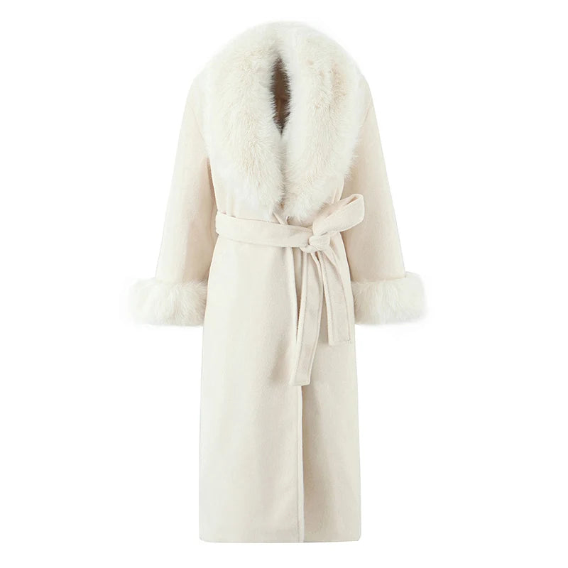 Women's elegant cream-colored long wool coat with faux fur collar and cuffs, featuring a self-tie belt for a stylish winter look