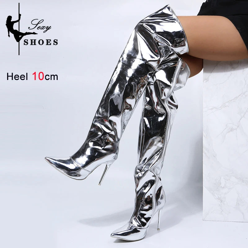 Heels Long Boots Women Autumn Winter Over-the-Knee exy Silver Mirror Thigh High Boots T Show Pointy Toe Casual  Club Party Shoes