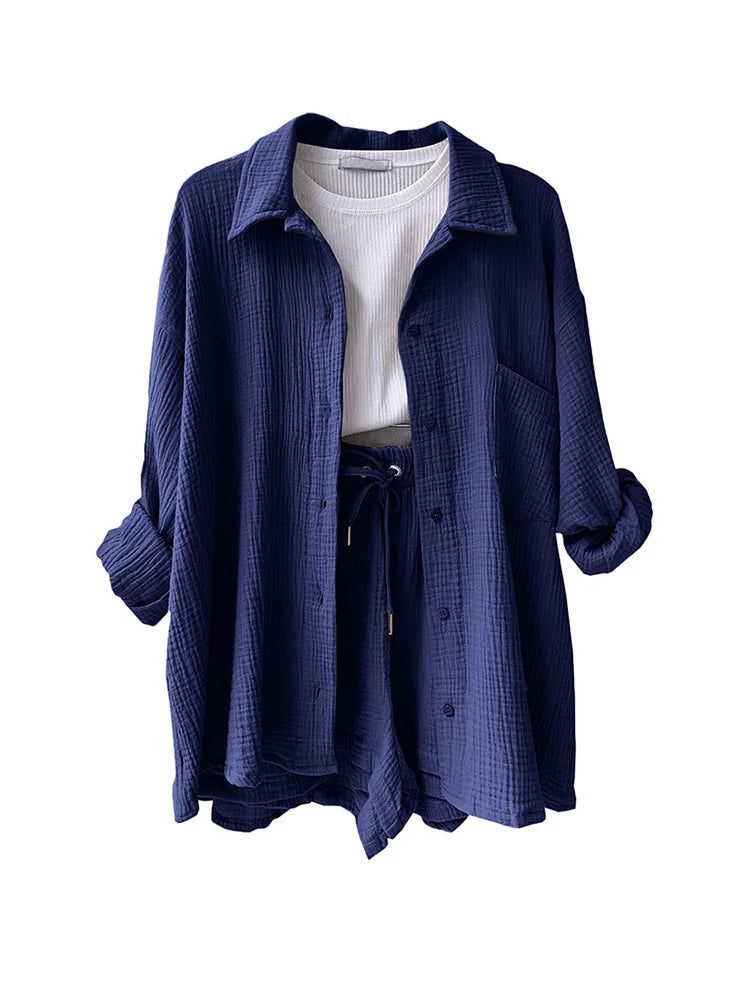 Summer Women's Suit Short Sets Outfits Muslin Suit For Women 2025 Two Piece Female Clothing Solid Button Outfits