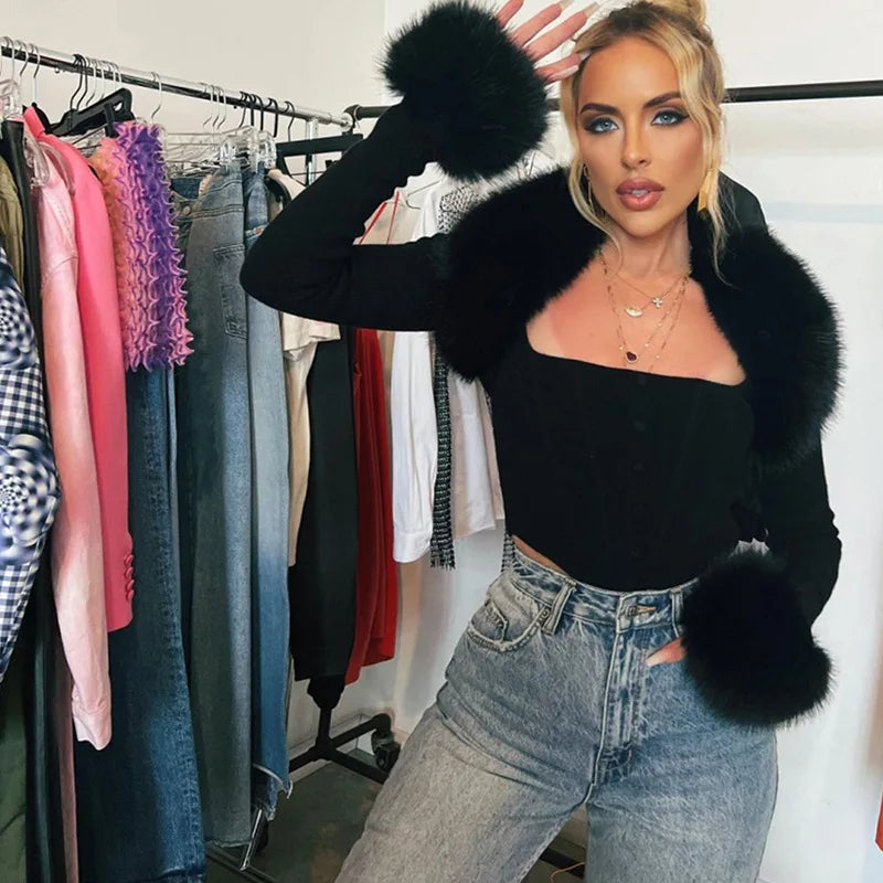 Womens Elegant Sexy Coat Crop Top For Women Fashion Fur Collar Knitted Tops 2024 Autumn Winter Jacket Loose Woman Clothing