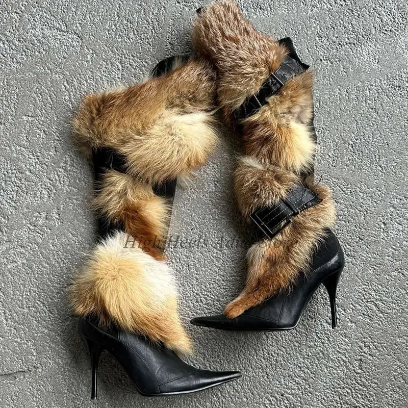 Women's Fur Heels Black Leather Knee High Boots Sexy Vintage Brown Pointy Toe Luxury Designer Long Boots 2025 New in Party Shoes