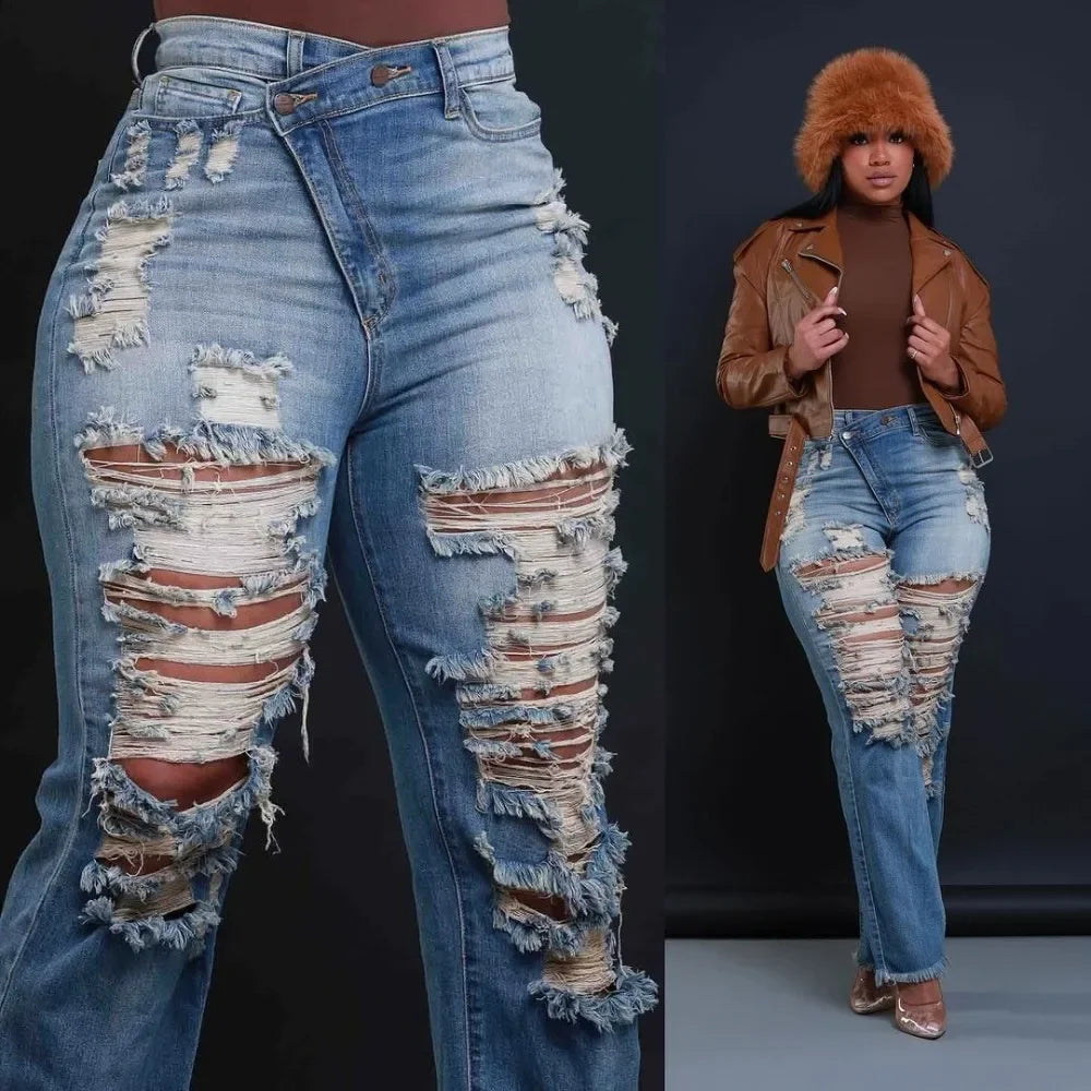 Jeans Ankle Length Women Pencil Denim Hole Pants Ripped Pockets High Waist Jean Skinny Streetwear Button Washed Distressed