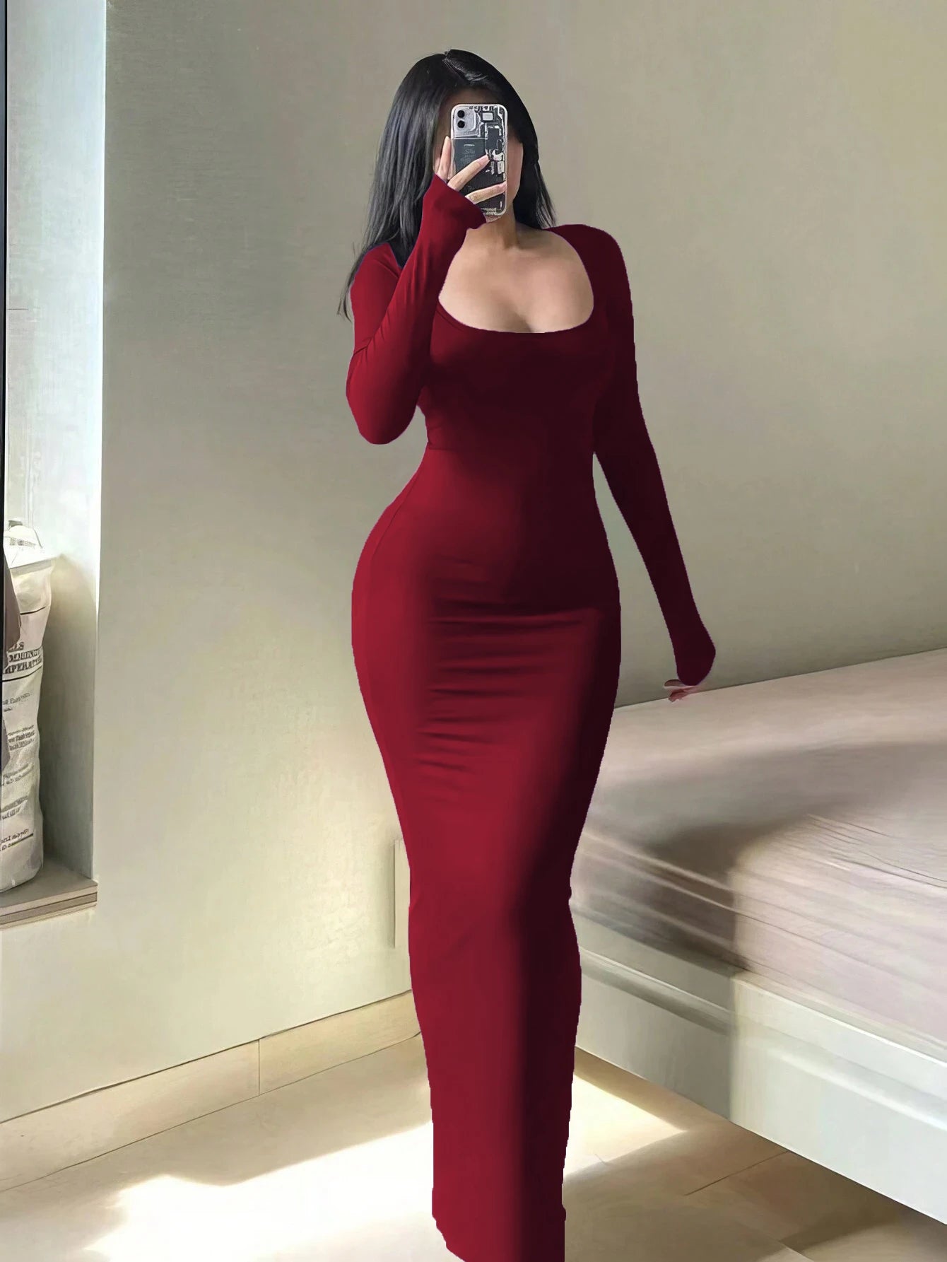 Plus Size Women's Long Slim Fit Dress with Square Neck Long Sleeves Extra Lengthy Tight Fitting Eveningwear