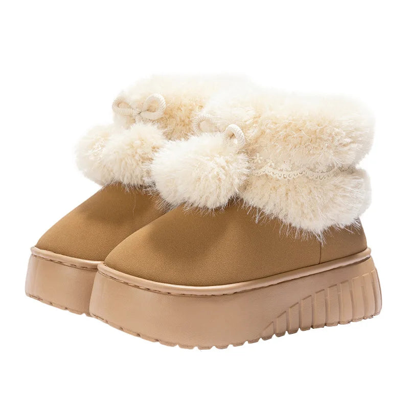 Women Fashion Snow Boots Warm Faux Fur Winter Platform Shoes Thick Sole Cute Plush Balls Female Indoor Street Short Botas
