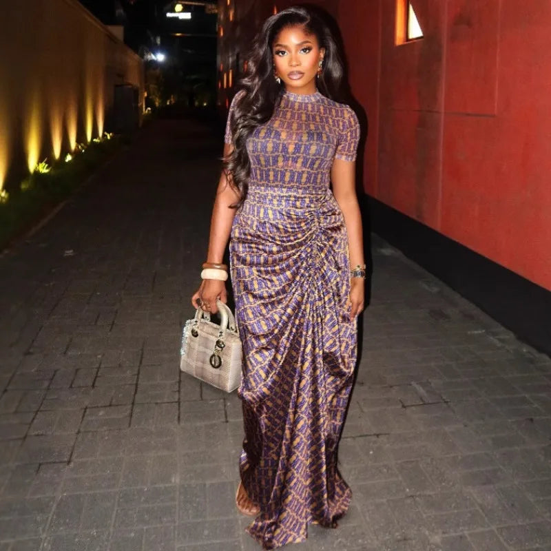 African Plus Size Women's Guest Mermaid Dress Elegant Short Sleeve Corset Ruched Cocktail Evening Formal Floor Length Dress