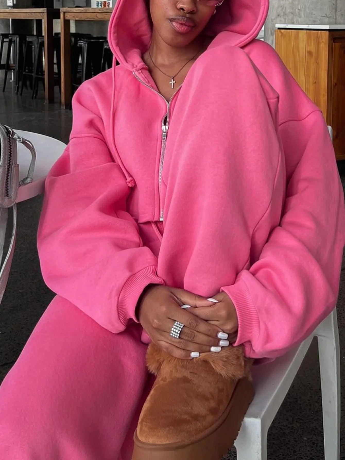 Women Hooded Zip-up Cropped Sweatshirt and Long Pants 2 Piece Sets 2025 Autumn Casual Hoodies Sweatpants Suit Tracksuits