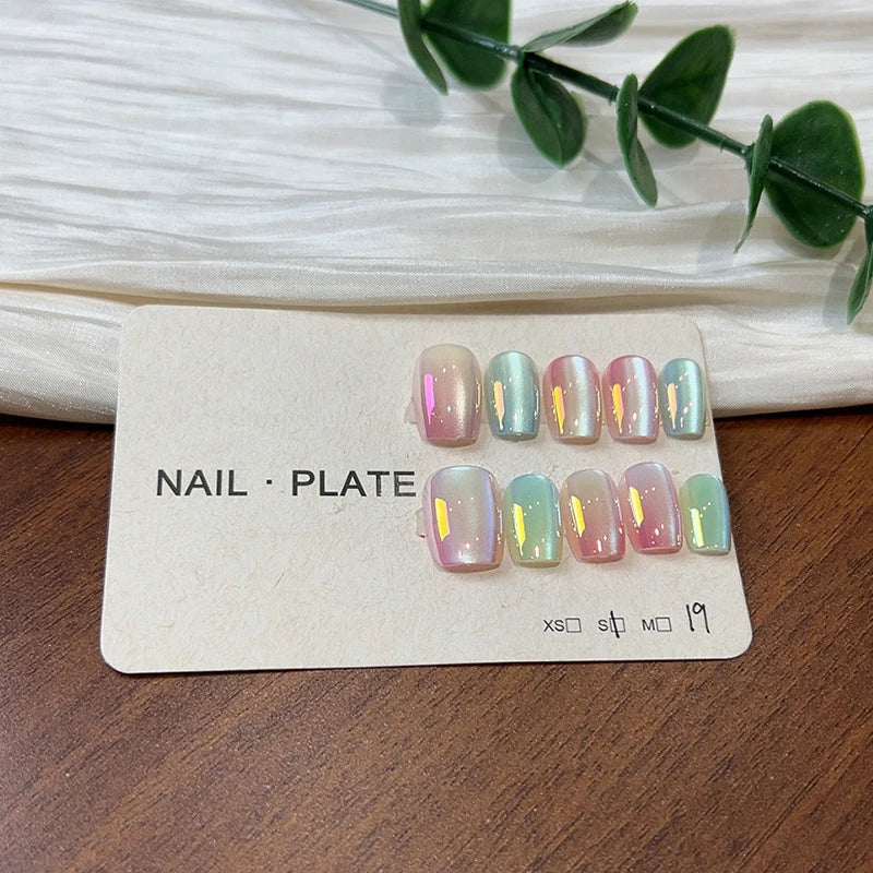 10pcs/Set Handmade Press on Nails Pink Flower Sweet Style Short Square Head Glossy Finish Nail For Women DIY Manicure Nail Tips