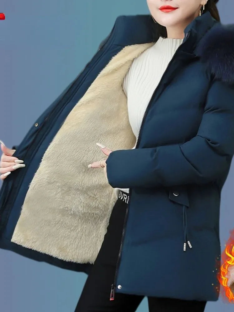 Women's Coat Cotton Coat for Women Mid-length Winter Padded Thickened Warm Removable Collar Hooded Cotton Clothes Zipper Pockets