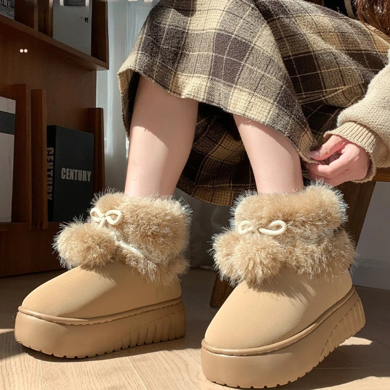 Women Fashion Snow Boots Warm Faux Fur Winter Platform Shoes Thick Sole Cute Plush Balls Female Indoor Street Short Botas