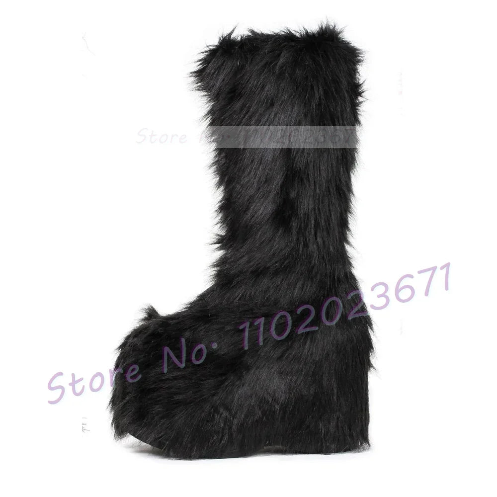 Chunky Heel Platform Tall Boots With Fur Women Fashion Winter Warm Furry Shoes Girl's Lovely Festival Side-zip Knee High Boots