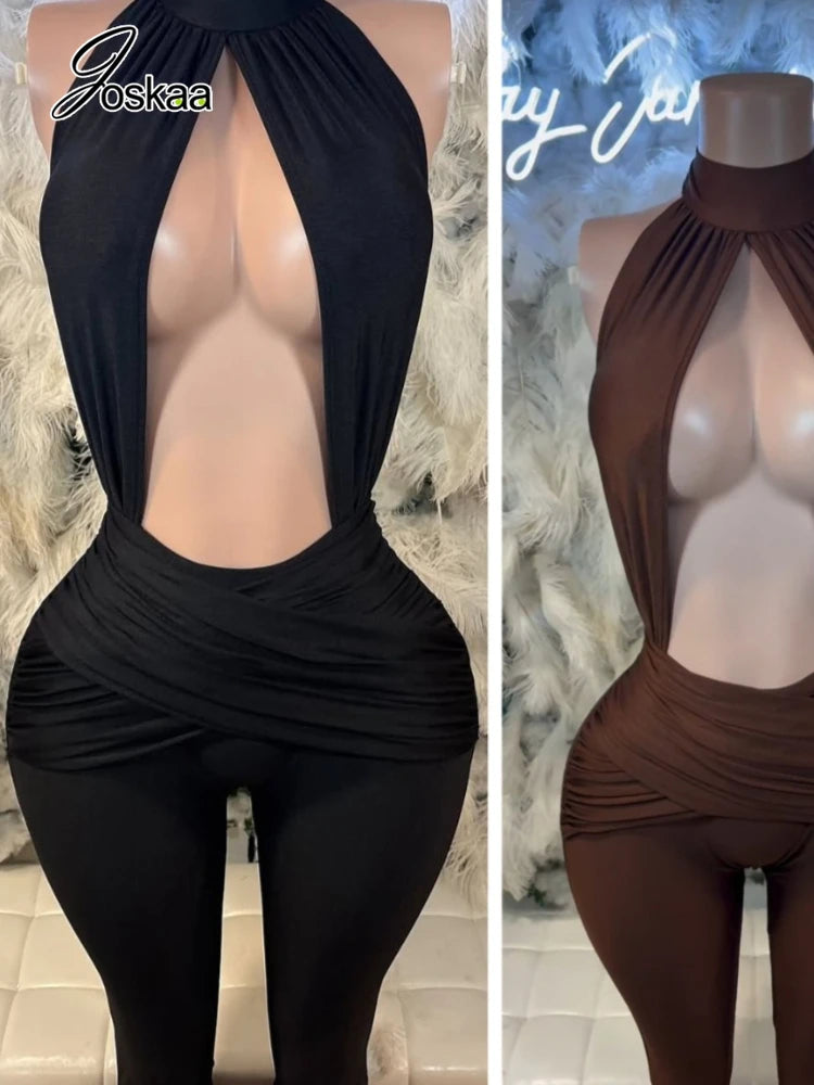 Joskaa Halter Skinny Rompers Midnight Clubwear Backless Jumpsuit Woman Sexy Hollow Fit Patchwork Waist Ruched Y2k Streetwear