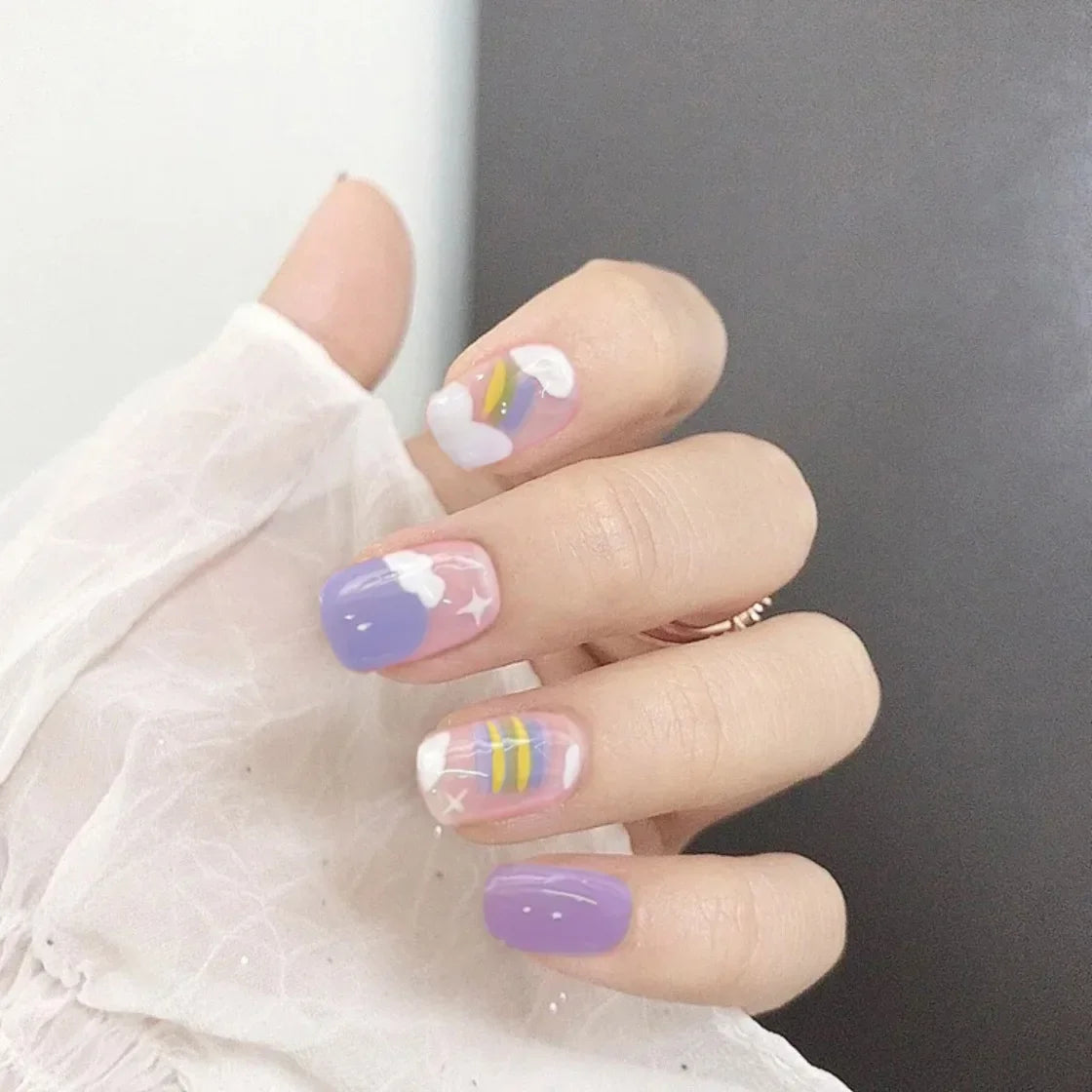 24pcs French Lemon Full Cover Artificial Fake Nails Art Seamless Removable Coffin False Nails With Glue Girls Press On Nail Tips