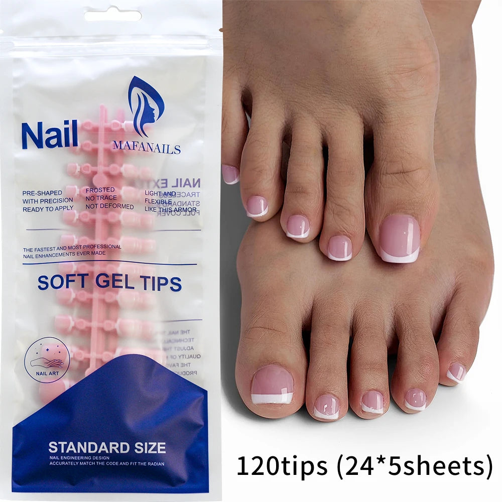 120Pcs Glossy Nude Pink French Press-On-Toenail Set 1*Box Short French Square  Fake Toe Nails Solid-Color Manicure Toenails Tips