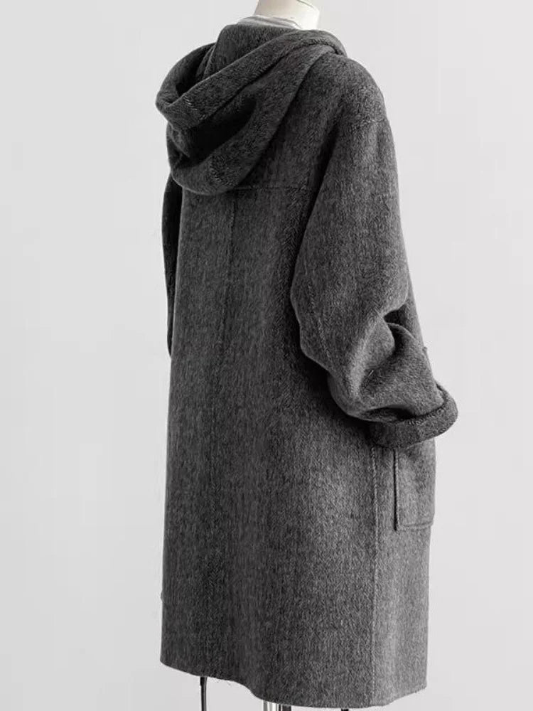 Women Coat 2025 Autumn Winter New Women's Blend Coat Grey Horn Button Hooded Woolen Coat Petite Size Korean Style Wool Jacket
