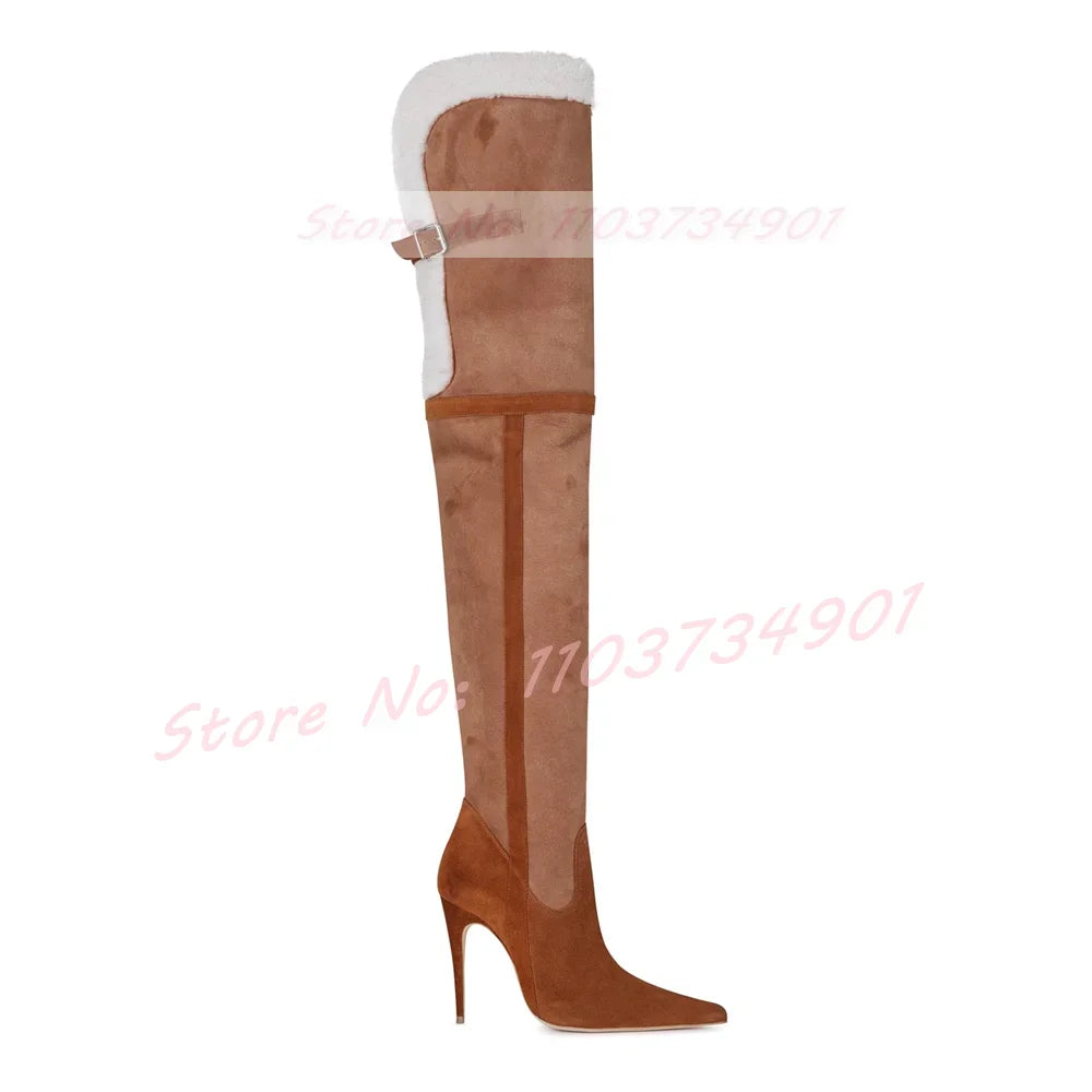 Fur Mix Colors Warm Thigh High Boots Women Nifty Pointy Toe Stiletto High Heels Slim Stretch Boots Ladies Fashion Brown Shoes