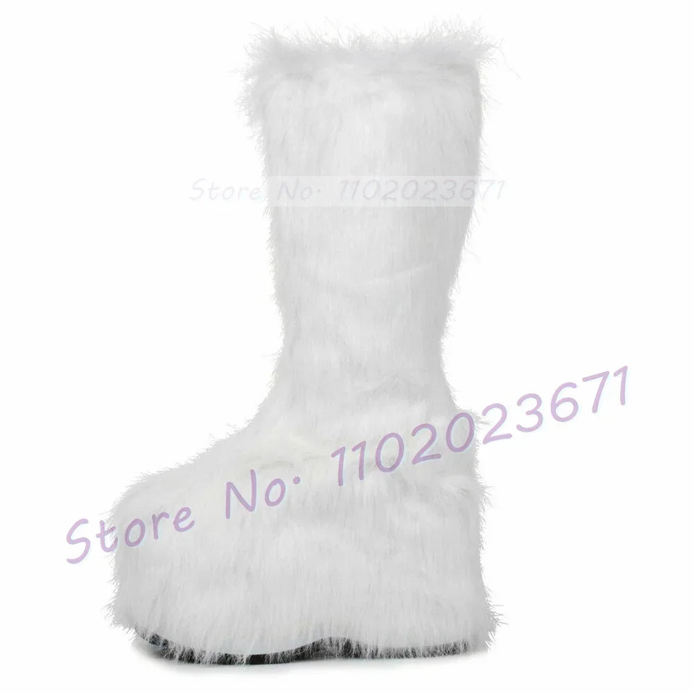 Chunky Heel Platform Tall Boots With Fur Women Fashion Winter Warm Furry Shoes Girl's Lovely Festival Side-zip Knee High Boots