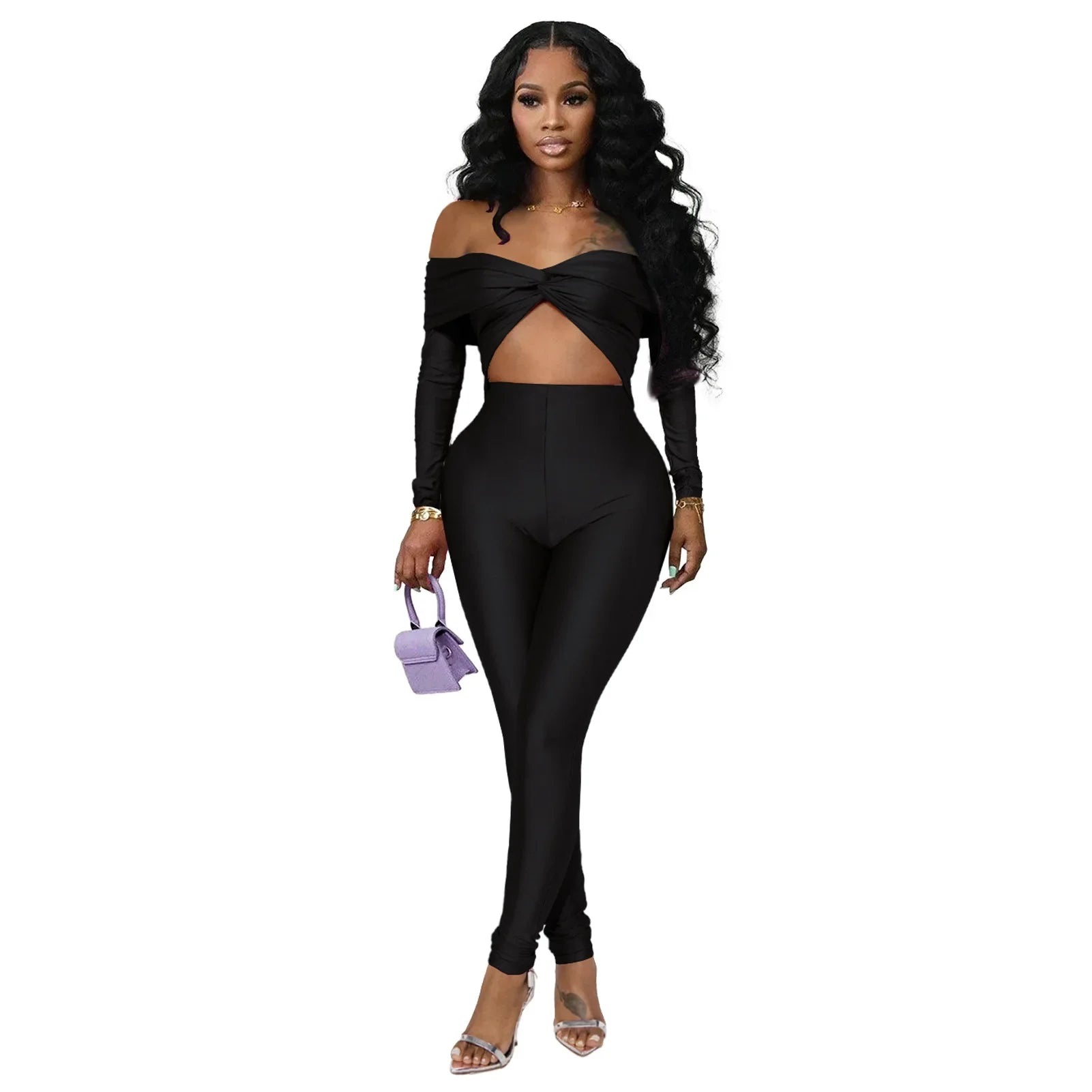 Sexy High-Waist Long-Sleeve One-Piece Suit GL6755 Hollow out Collar Knot Design Cross-Border Women's Fashion Crop Top Bottoms