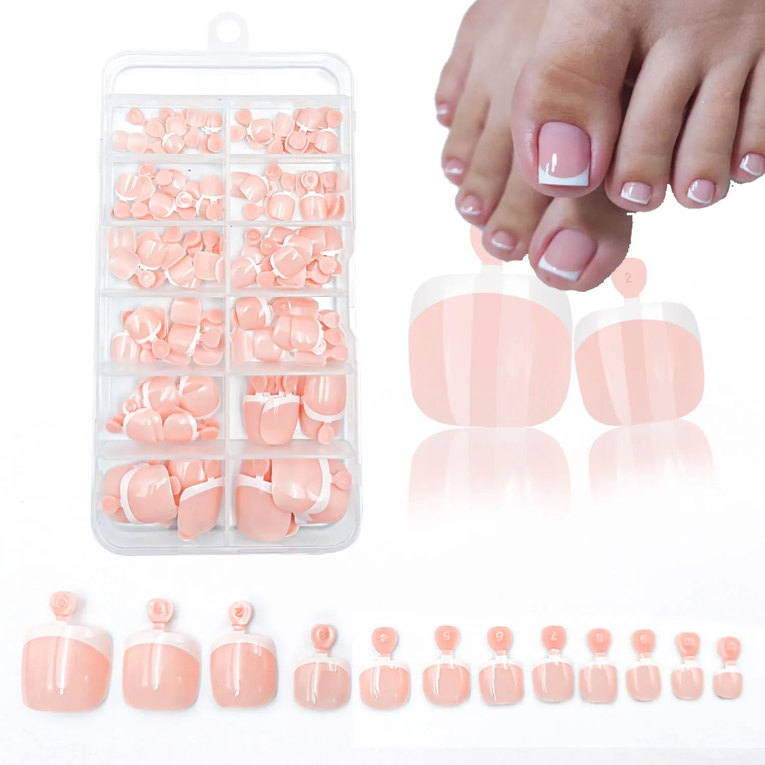 120Pcs Glossy Nude Pink French Press-On-Toenail Set 1*Box Short French Square  Fake Toe Nails Solid-Color Manicure Toenails Tips