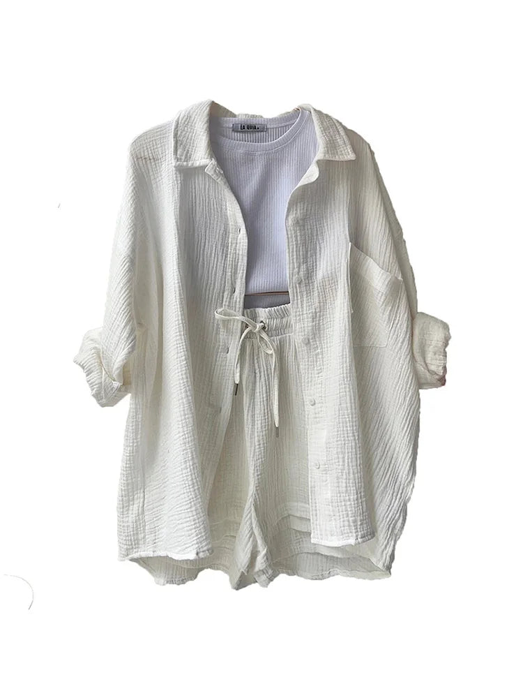 Summer Women's Suit Short Sets Outfits Muslin Suit For Women 2025 Two Piece Female Clothing Solid Button Outfits