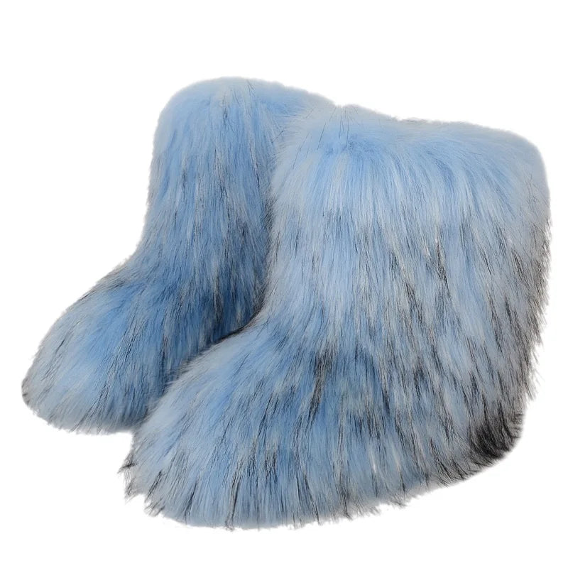 New Winter Faux Fur Onepiece Raccoon Fur Female Snow Boots Fur Shoes Outdoor Mid Leg Boots