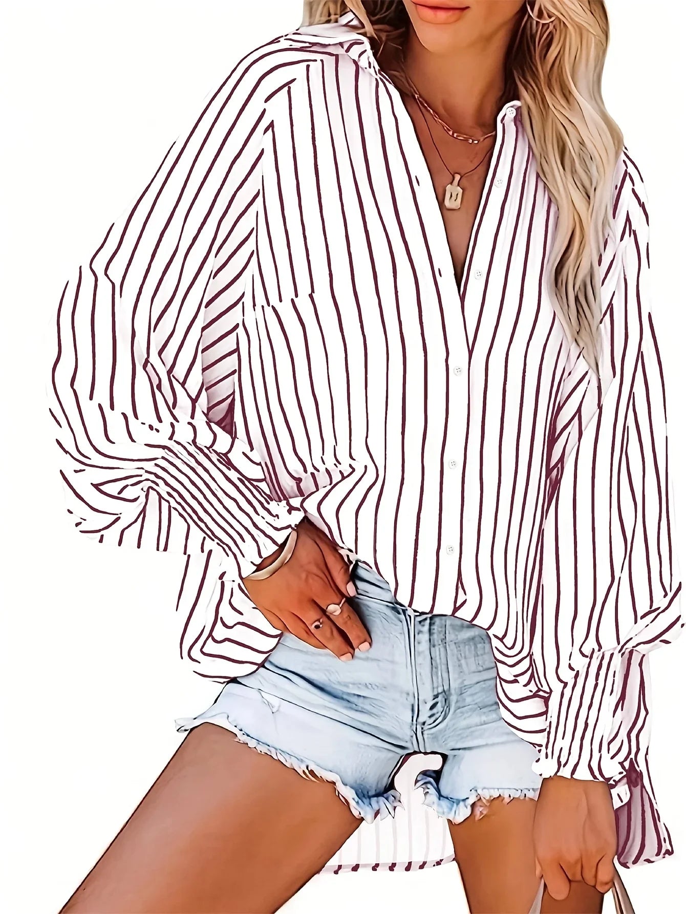 Plus Size Striped V-Neck Button-Down Blouse